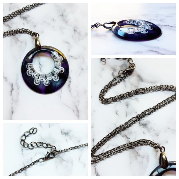 Googly Eye Pendant Necklace Purple and Black Halloween Large Open Circle - Picture 5 of 10